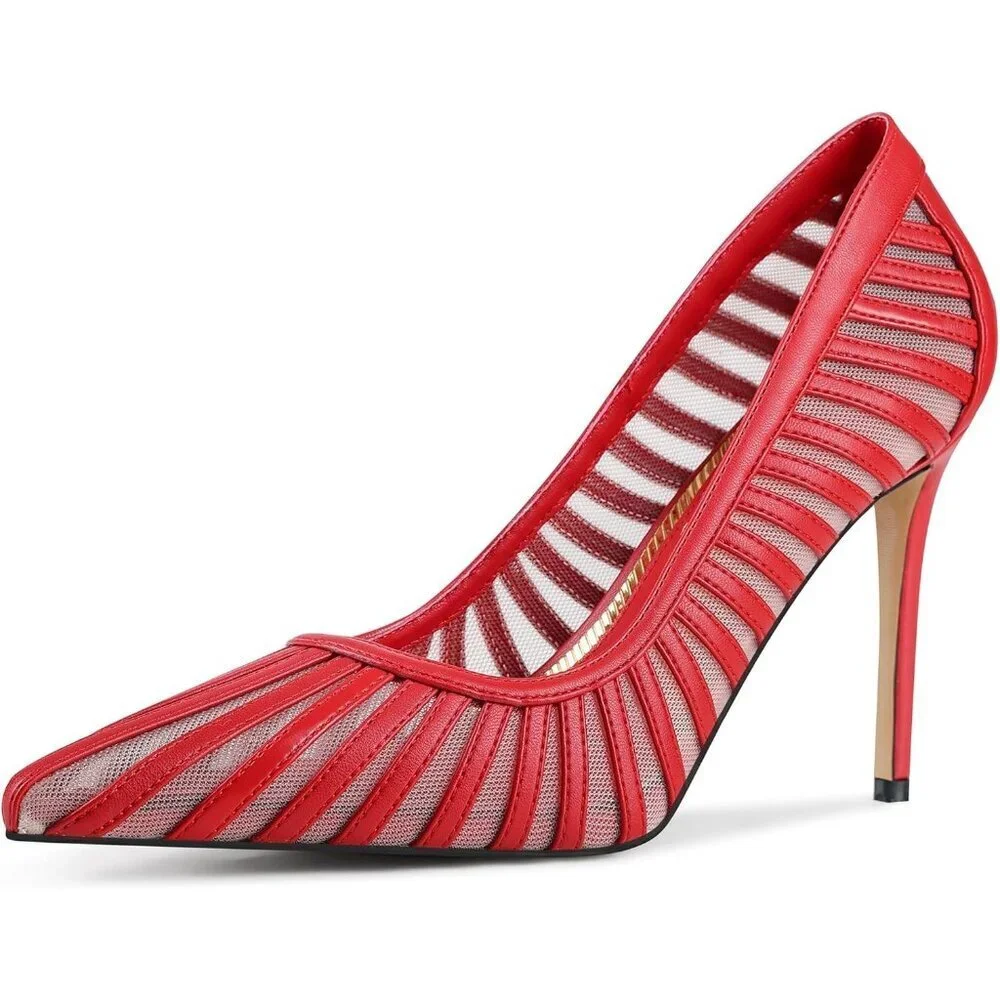 Women's Red Pumps Pointed Toe Heels Closed Toe Mesh Pumps High Stiletto Heel